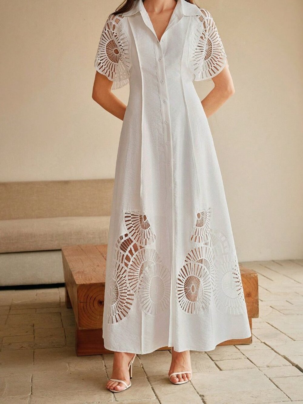 White Elegant Women's Puff Sleeve Single Breasted Hollow Splice Dress - Picture 4 of 6